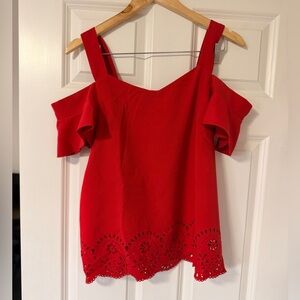 Red Off the Shoulder Cutout Eyelet Hem Blouse